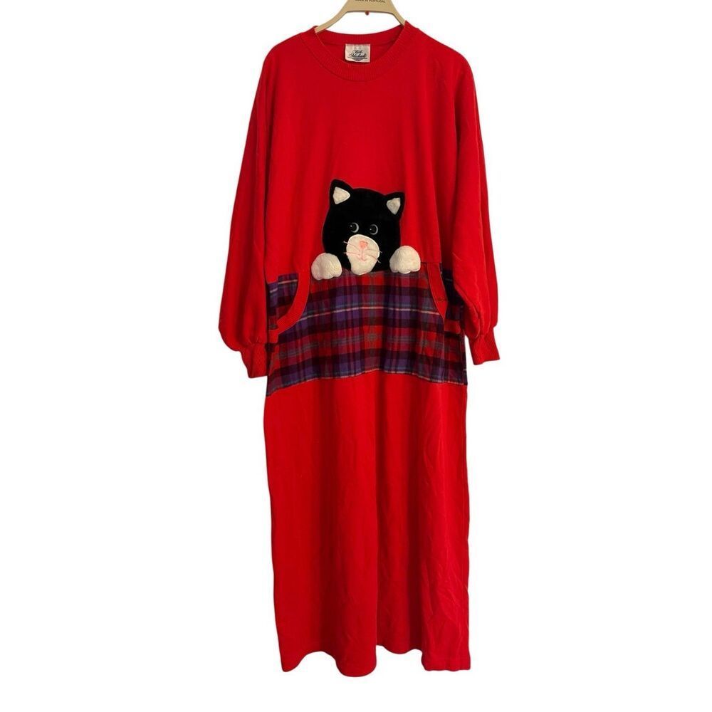 Vintage Beth Michaels Cat Long Dress Night Sweater Long Sleeves Red Medium